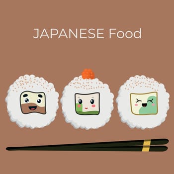 A set of vector icons of delicious colored sushi rolls in the style of kawaii. A collection of different flavors and varieties.