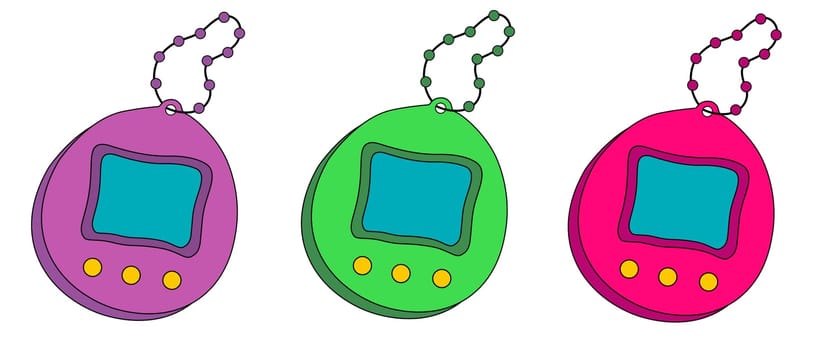 Tamagotchi collection. Vintage digital pocket game icon, sticker. Japanese toy with screen display, chain and buttons. Colorful set of handheld portable retro game gadget. Vector illustration