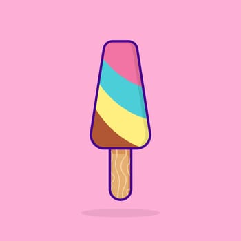 Fruit Ice Cream on Stick. Summer Food Sundae on Pink Background. Sweet Frozen Cute Ice Cream on Stick in Cartoon Style. Isolated Vector Illustration