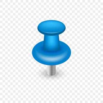 Realistic Blue Pushpin for Tack Paper on Notice Board. Single Thumbtack with Needle on Transparent Background. Office Stationery. Blue Plastic Push Pin Button. Isolated Vector Illustration
