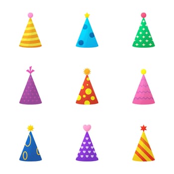 Collection of Colorful Birthday Party Hat on White Background. Funny Cartoon Cone Caps Set for Celebration Anniversary. Accessory for Decoration New Year Party. Isolated Vector Illustration.