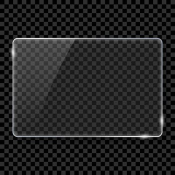 Realistic Silver Rectangle Frame Glass. Glass Plate on Dark Transparent Background. Clear Shiny Frame Glass Texture with Glossy Effect for Decoration and Covering. Isolated Vector Illustration.