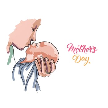 Mom kisses a newborn, mothers day, postcard