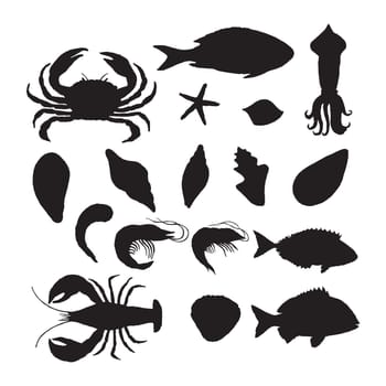 seafood fishes set silhouette simplified shapes black isolated cutout