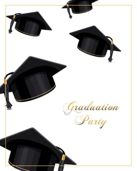 Graduation banner with flying graduation caps. Design for graduate diploma, awards. Education concept.Vector