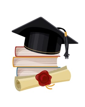 A black graduation cap over a stack of books and a papyrus certificate with a wax seal. Education concept.