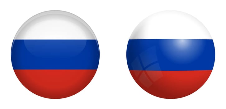 Russia flag under 3d dome button and on glossy sphere / ball.