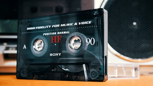 Ryazan, Russia - July 17, 2022: Sony audio cassette close-up. Analogue audio recording on magnetic tape. Compact cassette on the background of a tape recorder