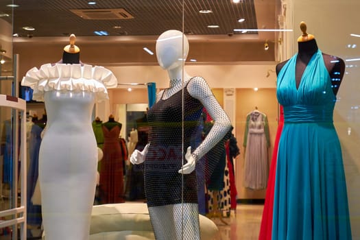 Ryazan, Russia - January 20, 2023: Shop window and mannequins. Exterior of a fashion store