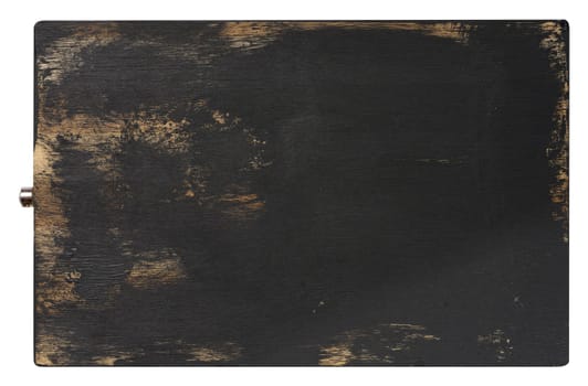 Empty black rectangular wooden oak kitchen cutting board. White background, top view