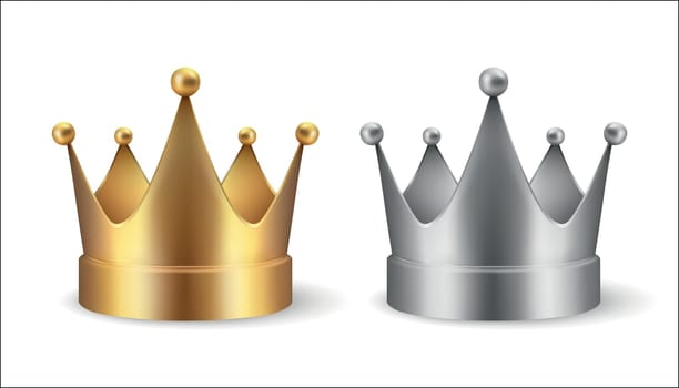 Vector 3d Realistic Golden Crown Icon Set Closeup Isolated on White Background. Yellow and Gray Metallic Crown Design Template, Front View