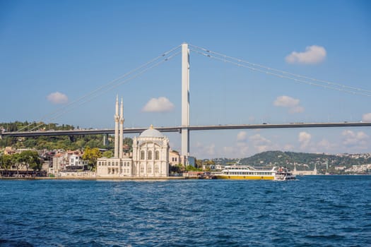 Bosphorus bridge on a summer sunny day, view from the sea, Istanbul Turkey