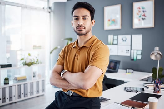 Serious portrait, crossed arms or business man, designer or expert confidence in career, job or professional commitment. Agency pride, service vocation or Asian person with start up entrepreneurship