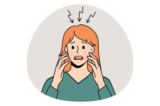 Itchy head and scalp concept. Stressed irritated woman standing and having itchy cheeks and scalp feeling problems with health vector illustration