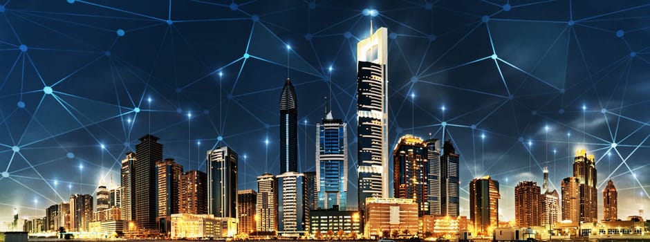 Big data, network and cyber with city at night for connection, wireless and cloud computing. Technology abstract, communication and futuristic with skyline of urban town for internet, media and light.