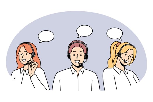 Customer service and call center concept. Group of young people workers in headsets communicating with clients trying to solve problems vector illustration