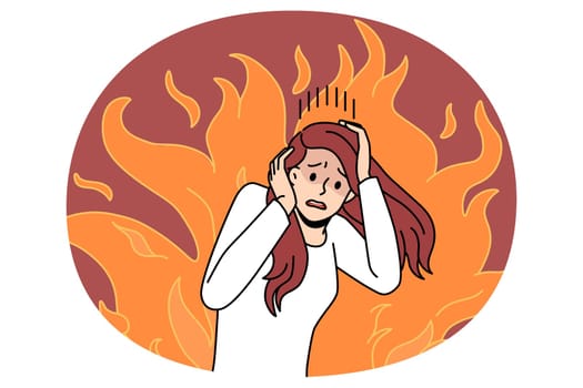 Panic stress and mental problems concept. Stressed young woman standing touching head having mental problems feeling scared afraid of fire vector illustration