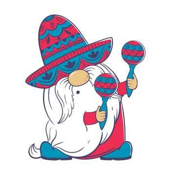 Mexican gnome in a traditional hat plays maracas