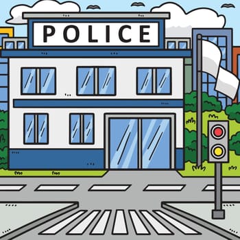 Police Station Colored Cartoon Illustration