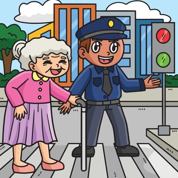 Police Helping Old Woman Colored Cartoon