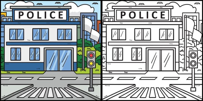 Police Station Coloring Page Colored Illustration