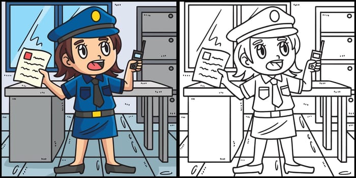 Policewoman Reporting Coloring Page Illustration