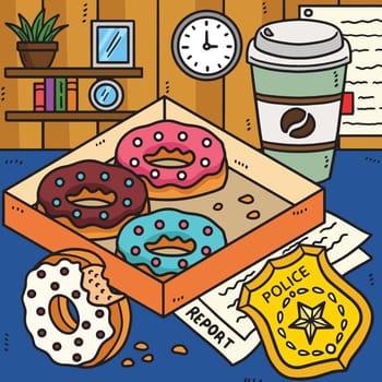 Police Badge, Donuts, Coffee Colored Cartoon