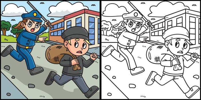 Policewoman Chasing Thief Coloring Illustration