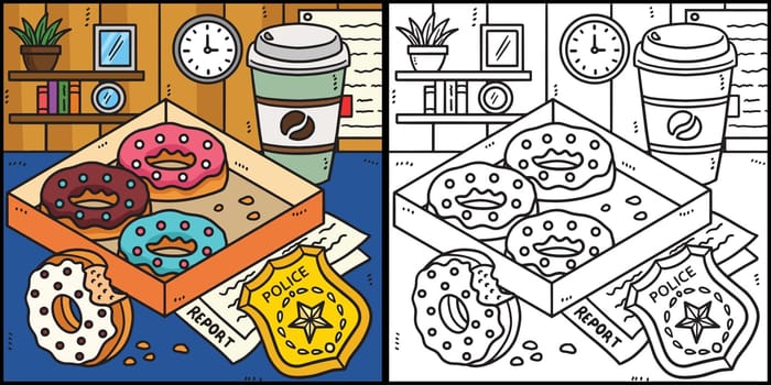Police Badge, Donuts, Coffee Coloring Illustration