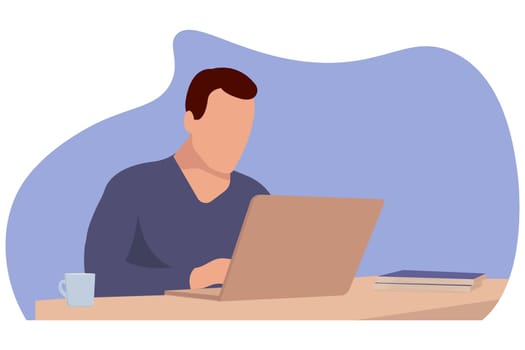 A man is sitting at a laptop. Online education concept, business concept. Background for the site, poster, brochure. Vector image.