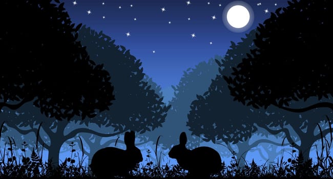 Vector silhouette of rabbits in nature at night