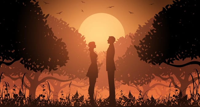 Silhouette couple in a forest with trees and birds. Sunset in a forest with a couple.