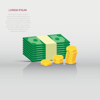 Stacks of gold coins and dollar cash. Vector illustration in flat design on white background