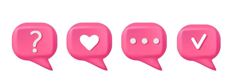 Vector 3d render speech bubble. Question and answer bubble in pink colors. Support chat 3d banner. Information tag shape. Quiz answer label. Different signs on pink speech bubbles