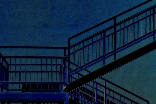Metallic staircase landing and wall in dark emerald blue night moonlight