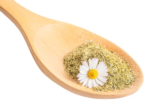 Dry chamomile tea flower petals in wooden spoon isolated on white background