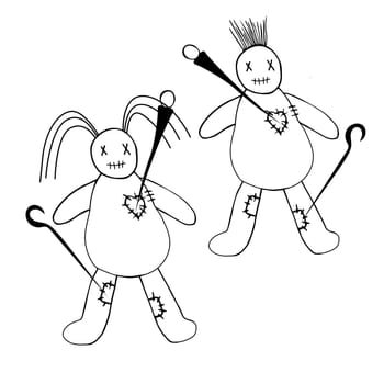 Vector illustration of two hand-drawn voodoo dolls that were pierced with pins. A mans and a womans voodoo doll.