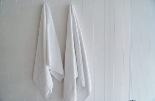 Two white towels hanging in the hotel shower room