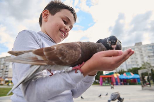 Adorable boy feeding rock doves sitting on his hands, smiling and expressing positive emotions