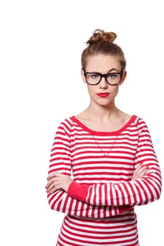 Explain yourself. Studio portrait of an attractive young woman in glasses isolated on white.