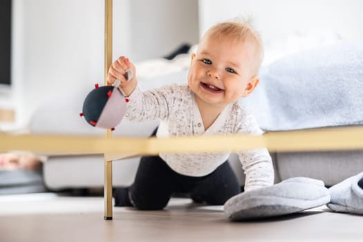 Cute infant baby boy playing with hanging ball, crawling and standing up by living room table at home. Baby activity and play center for early infant development. Baby playing at home.