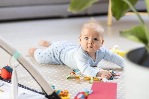 Cute baby boy playing with hanging toys arch on mat at home Baby activity and play center for early infant development. Baby playing at home
