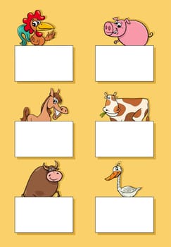 Cartoon illustration of farm animals with blank cards or banners design set