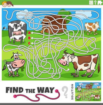 find the way maze game with cartoon cows farm animals