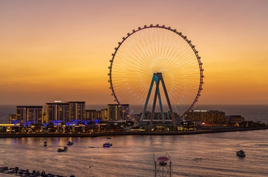 Dubai, UAE - 2 April 2023: Lights on structure of Ain Dubai Observation Wheel on BlueWaters Island