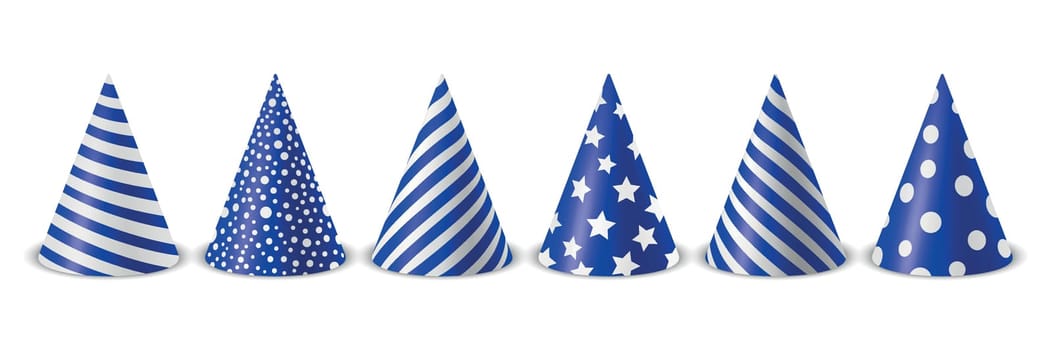 Vector 3d Realistic Blue and White Birthday Party Hat Icon Set Isolated on White Background. Party Cap Design Template for Party Banner, Greeting Card. Holiday Hats, Cone Shape, Front View