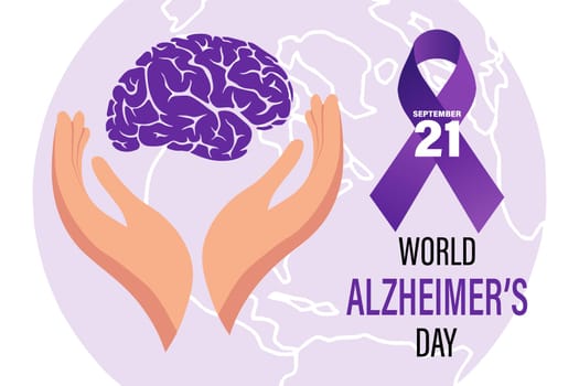 World Alzheimer's Day, banner. Purple awareness ribbon and human brain in hands.