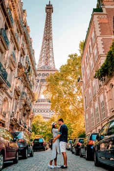 couple men an woman honeymoon Paris Eiffel tower, couple men and woman city trip in Paris