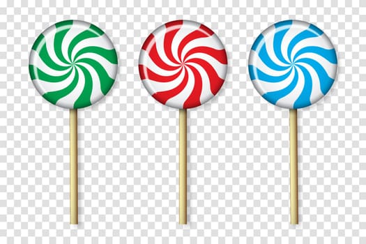 Set candy on wooden stick. Striped peppermint lollipops. Vector illustration for new years day, sweet-stuff, winter holiday, dessert, new years event