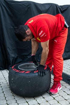 SOCHI, RUSSIA - 29 September 2019: Racing weekend Formula 1 Grand Prix of Russia 2019, Pirelli tires F1 at Scuderia Ferrariteam box